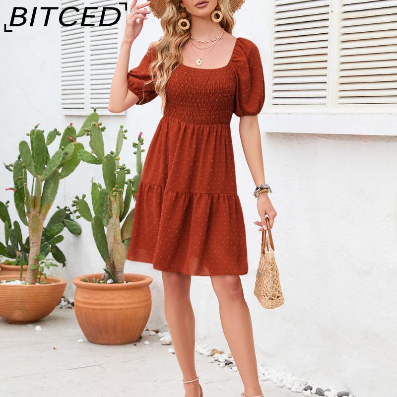 

BITCED Square Neck Pleated Cute Mini Skirt Summer Fringe Dress XXL