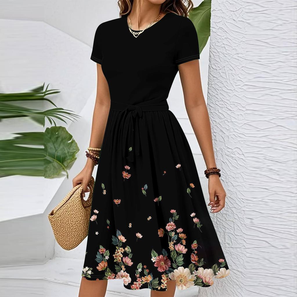 Women's Casual Fashion Belted Floral Printed Short Sleeve Round Neck Elegant Flowing Dress