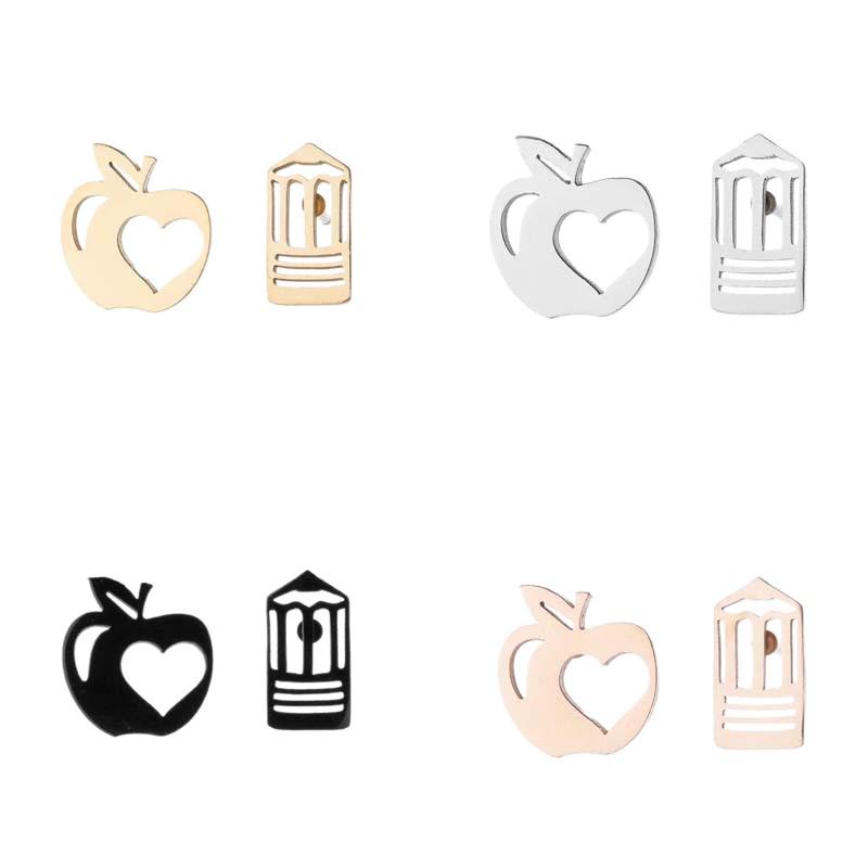 Asymmetrical Cartoon Apple Pencil Earrings: Stainless Steel Fruit Studs for Women