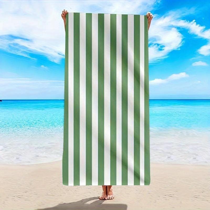 Green White Striped Ultra-Fine Fiber Beach Towel, Large Highly Absorbent Quick-Dry for Travel