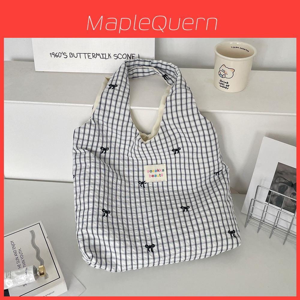 Summer Plaid Embroidered Tote Bag With Zipper Pocket For Casual Day Out