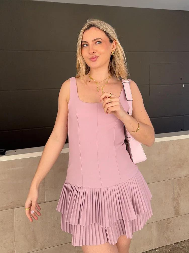 Women Fashion Square Collar Sleeveless Solid Mini Dress Female Summer Pleated Dress Chic High Street Slim Short Dress