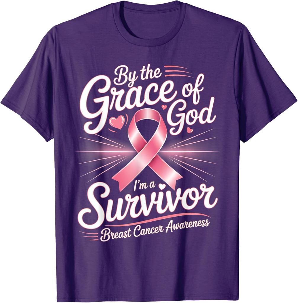 "By The Grace God I'm A Survivor" Breast Cancer Survivor T-Shirt Women Short Sleeve Breast Cancer Awareness T Shirt