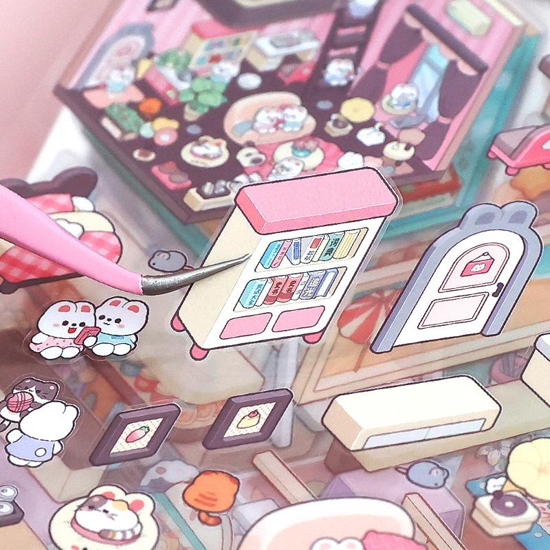 Miniature Scene Collection Book with 20pcs Scene Card Paper & 25pcs Sticker & 1 Count Tweezers, 3D DIY Decorative Sticker Book,