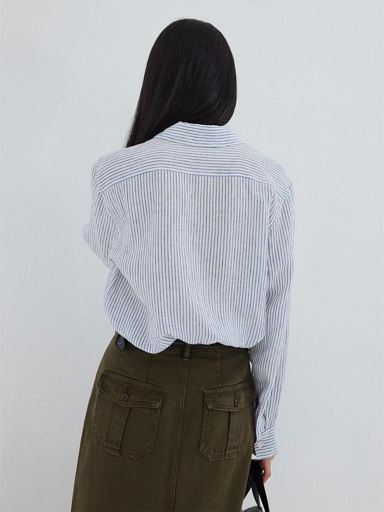 Shi Jian 100% Linen Striped Shirt with Embroidered Horse Design, Loose Fit, Spring Style.