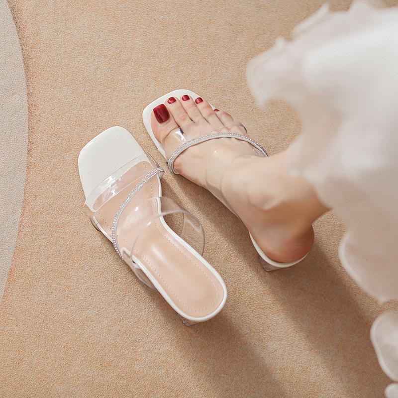Rhinestone Transparent Crystal Heel Beautiful Sandals Women's Thick Heels Slippers High Heels Wear Sandals with Skirt