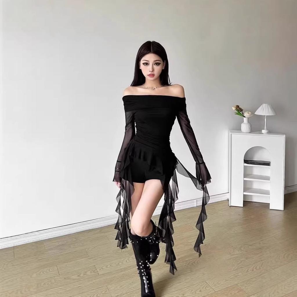 Factory Spot Pure Desire Sexy Style Design Sense One-word Collar Female Lotus Leaf Edge Tassel Slim and Thin Irregular Top