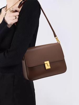 Sac bandoulière en cuir véritable pour femme Marron Sac à bandoulière mode avec fermoir métallique doré et bandoulière réglable