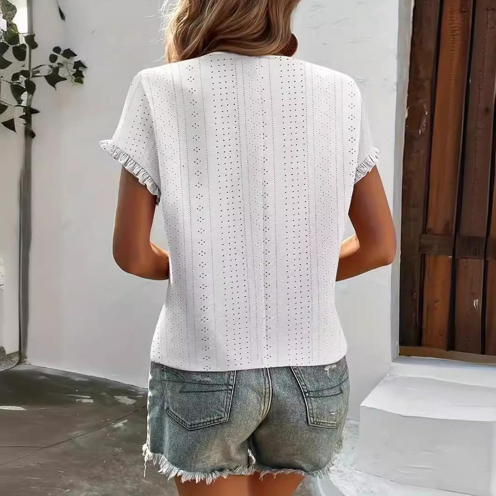 Camiseta informal de primavera y verano para mujer con volantes, ojales, color liso, cuello redondo y mangas murciélago