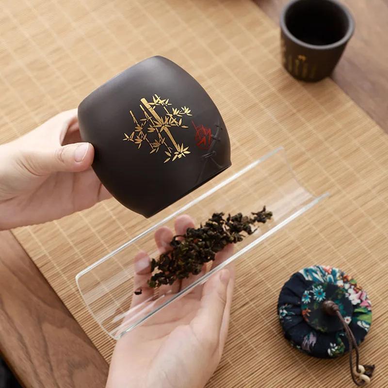 Chinese Sealed Purple Clay Tea Caddy Plum Blossom Bamboo Leaf Tea Jar Travel Tea Boxes Tieguanyin Container Storage Tank Teaware
