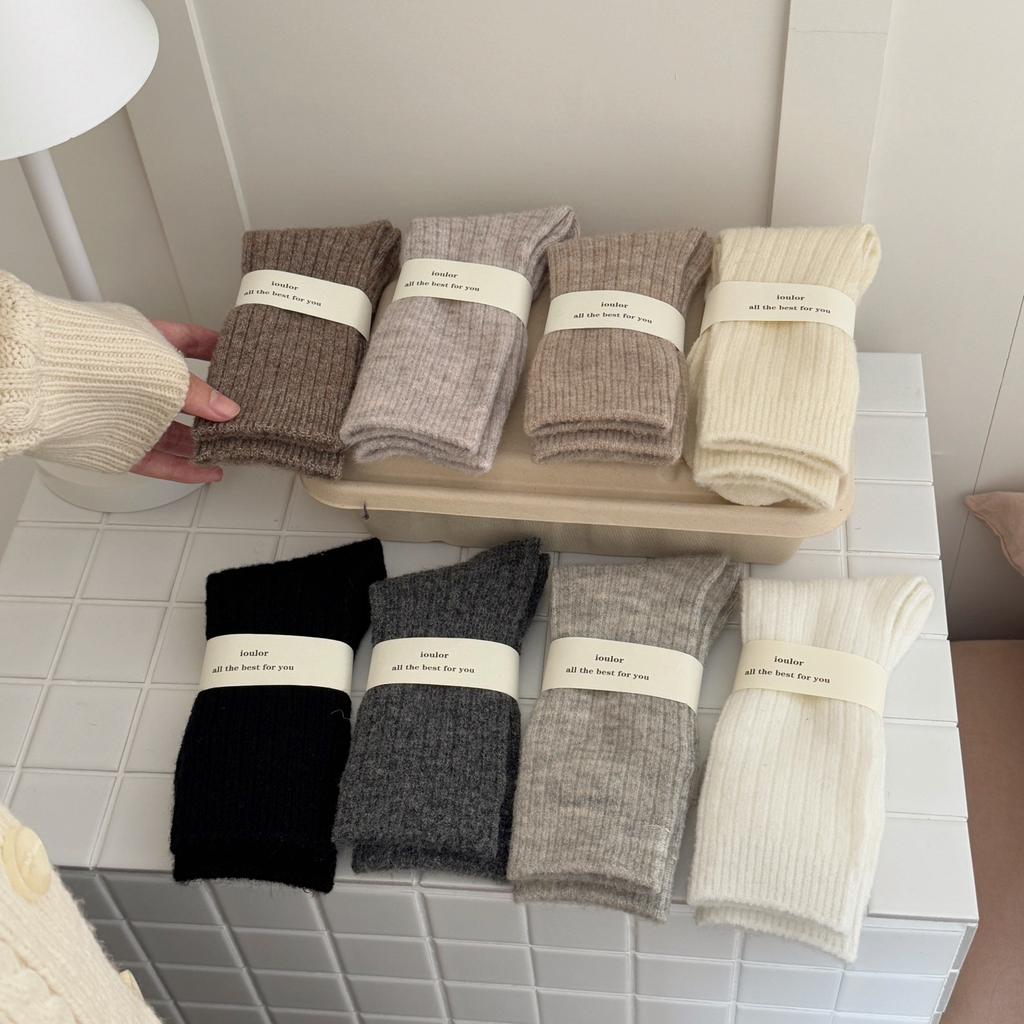 Solid-colored Versatile Wool Socks for Winter Warmth, Knitted Mid-calf Socks, Gentle Milk Tea Thickened Socks
