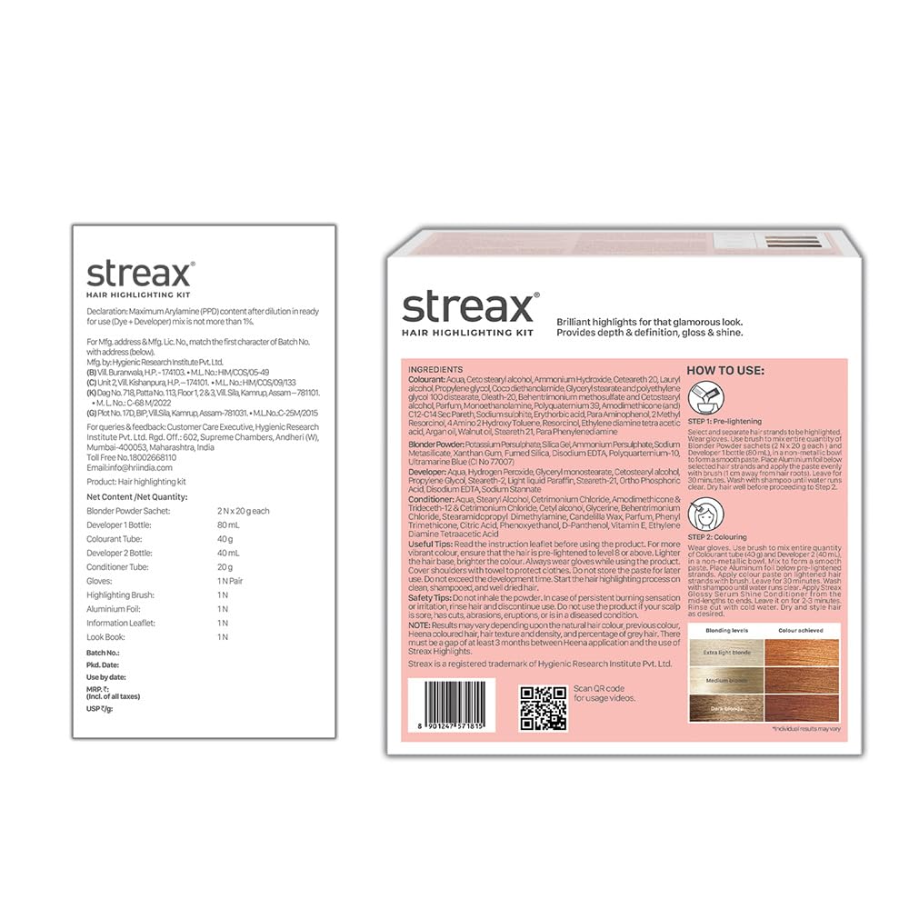 Streax Highlighting Kit Blonde Hair Colour 180g 12g | Vibrant DIY Salon Style Hair Highlights For Women And Men | Easy At Home Use
