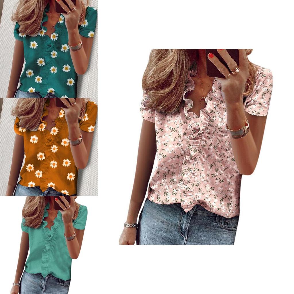 T-shirt da donna alla moda con scollo a V, maniche corte a balze e stampa floreale margherita alla moda