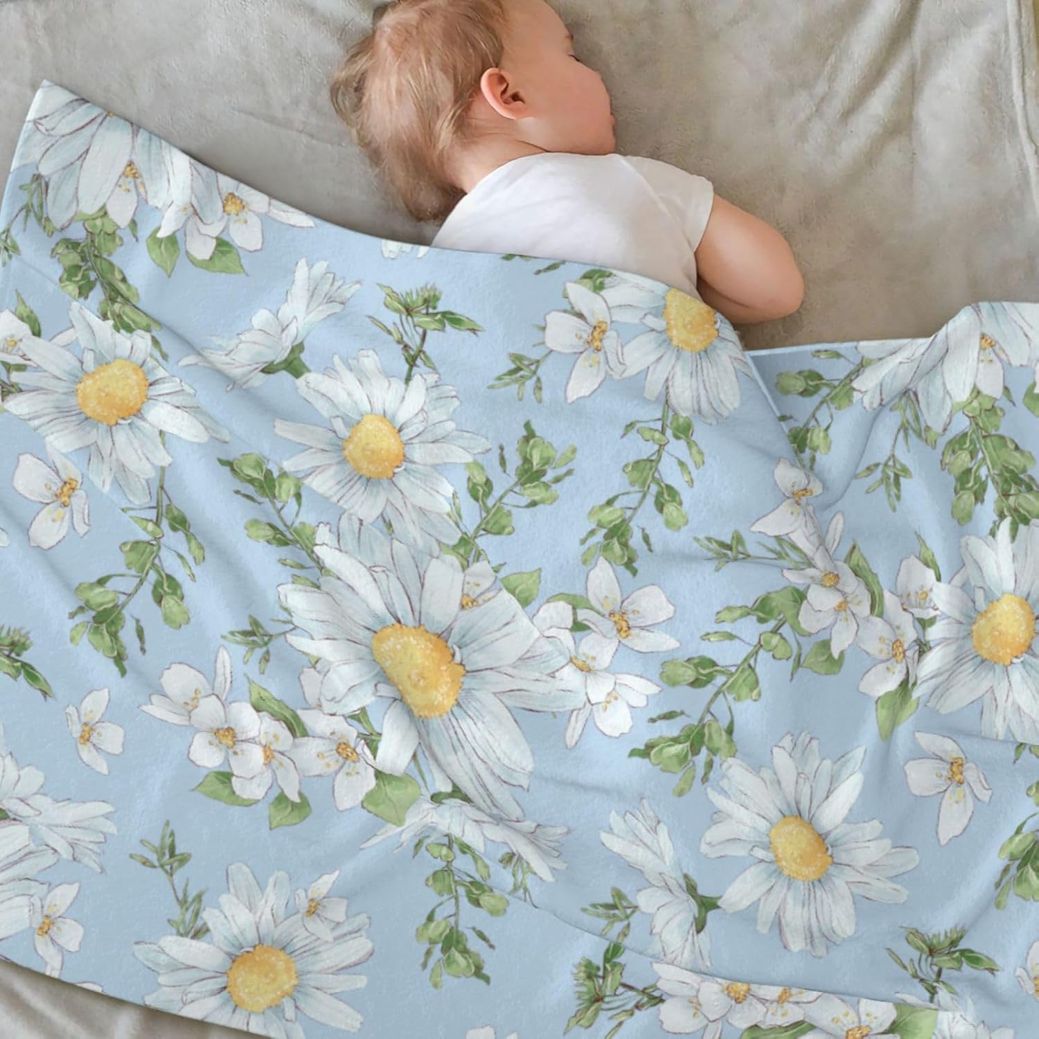 Daisies and Watercolor Wildflowers Fleece Throw Blanket Ultra Soft Cozy Decorative Flannel Blanket for Home Bed Couch Chair 75X95CM