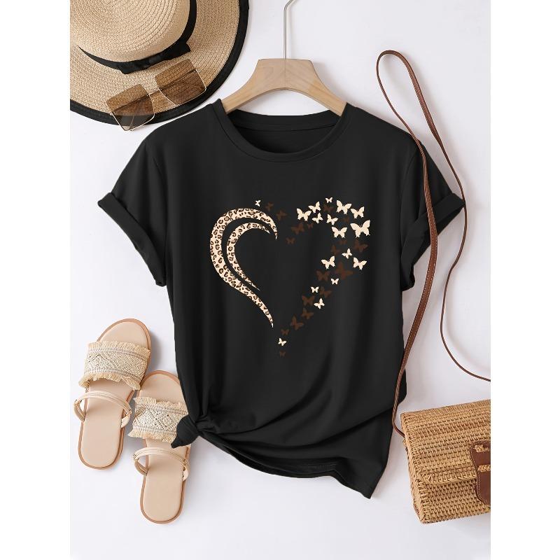 

European Size Short-Sleeved T-Shirt with Heart And Butterfly Patterns, Women S Round-Neck Sports Top for Spring And Summer 4XL