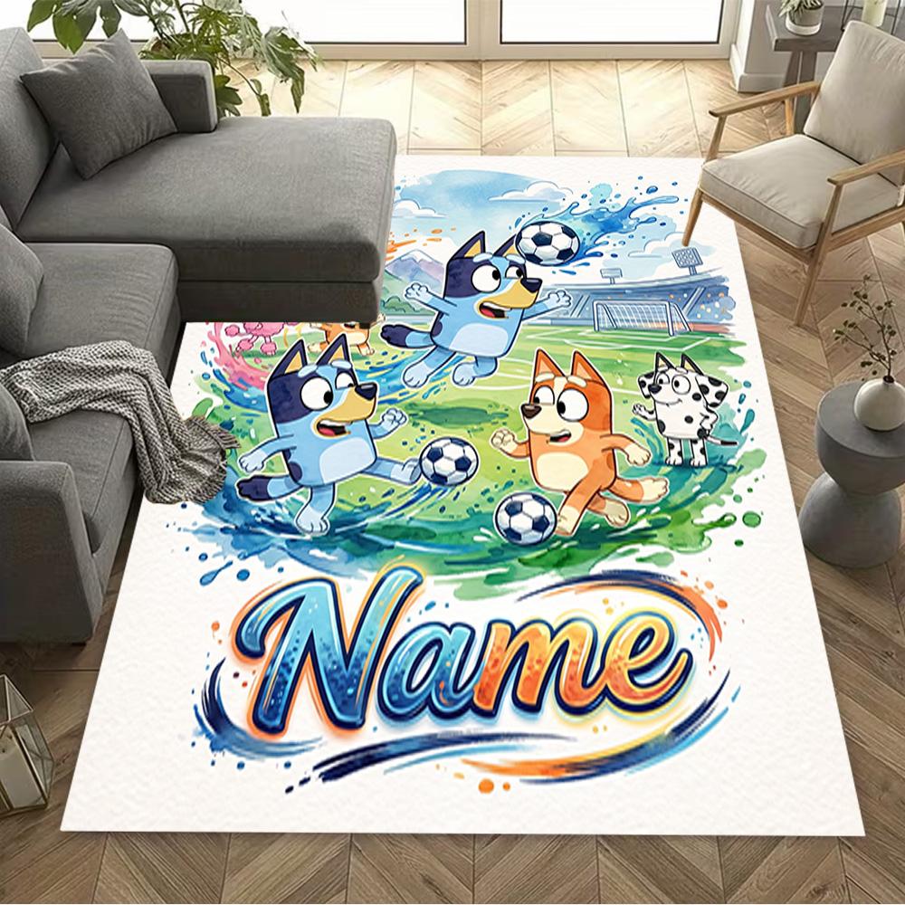 Bluey's Festive Football Fun Customized Name Floor Mat Suitable for Bedrooms Living Rooms Dining Room Decorate Room Antislip Carpet Anime Office Decor