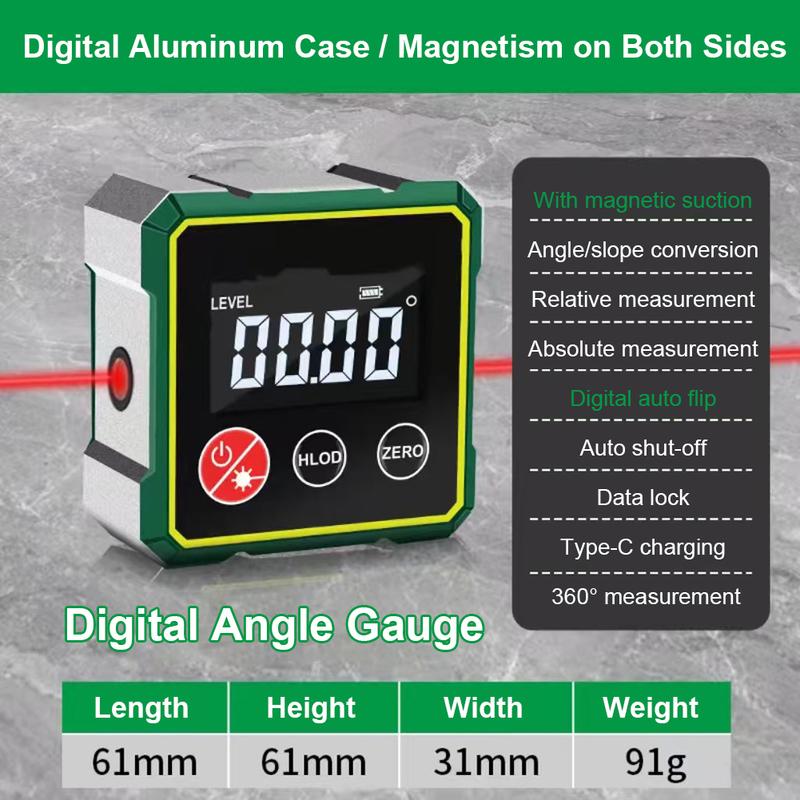 Magnetic Digital Angle Finder TYPE-C Charging Level Angle Gauge Precise Measurement Electronic Laser Gauge for Woodworking Tool