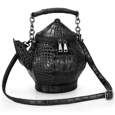 Vintage morsom tekanneformet håndveske Kvinner Crossbody steinmønster Skinn Enkel skuldervesker Gotisk personlighet Svart