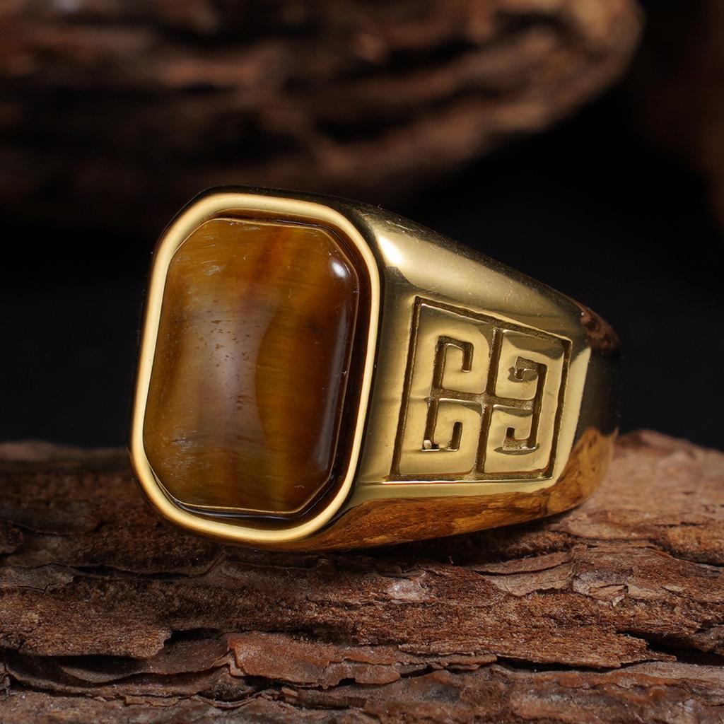 1pc Men's Vintage 316L Stainless Steel Ring with Natural Tiger's Eye Stone Intricate Detailing, Durable Unisex Jewelr