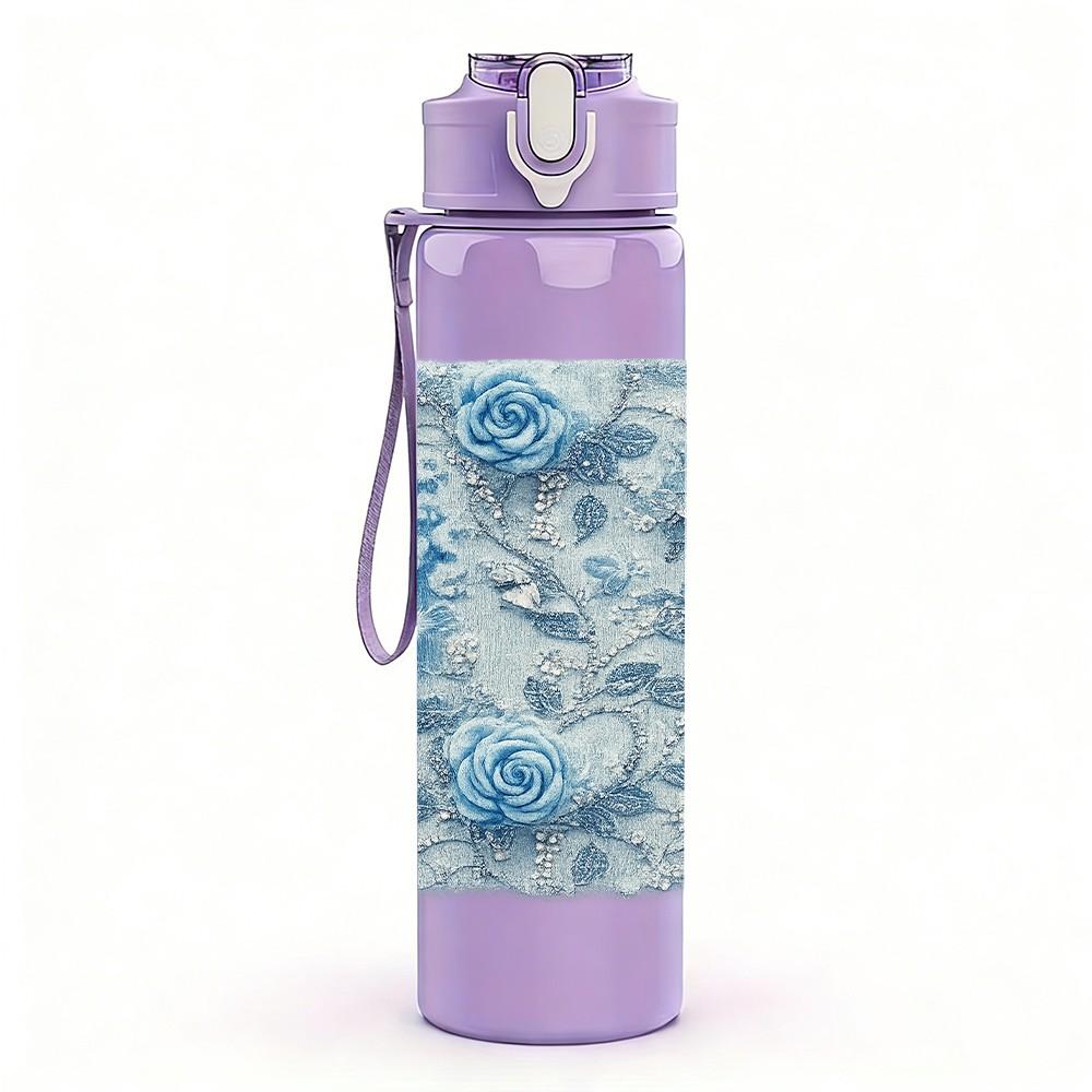 1PC Blue Thistle Floral Texture Print 750ml Color Plastic Sports Water Bottle Leakproof Flip Straw Lid Suitable for Sports Office Home Use
