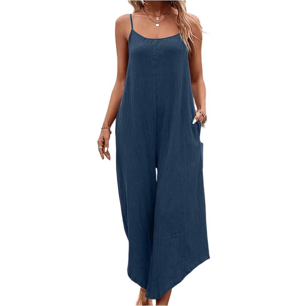 Women's Fashionable Solid Color Pocket Irregular Pants Legs Loose Casual Camisole Sleeveless Jumpsuit