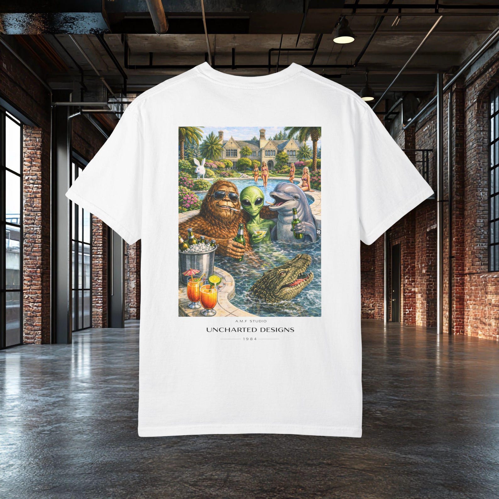 Bigfoot Pool Party T shirt, Funny Alien Shirt, , Sasquatch Graphic Shirt, Meme Party Shirt, Streetwear A.M.F Studio 3XL