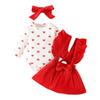 Girl's Long Sleeved Love Sweetheart Corduroy Ruffle Edge Backband Skirt Three Piece Set