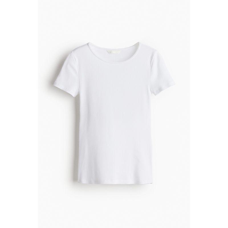 

HM Women s T-shirt Autumn Soft and Simple Casual and Comfortable Rib Basic Short Sleeve Tops 1235366 White 170/116A