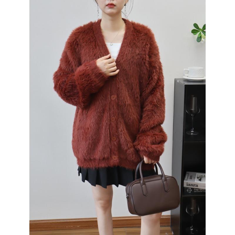V-neck imitation mink velvet knitted cardigan autumn and winter new loose and gentle wind soft waxy sweater jacket women