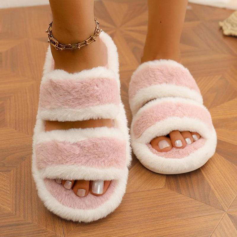 Fashion Indoor Furry Warm House Slippers Women Chic Mix Color Cotton Slides Woman Autumn Winter Open Toe Non Slip Plush Slippers Ladies