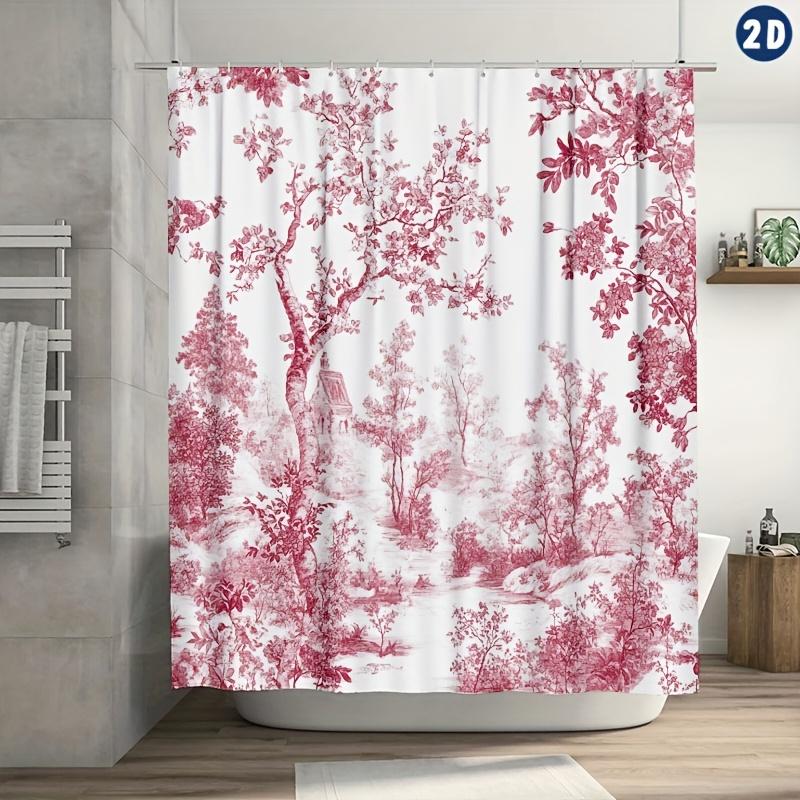 

1pc French Toile De Jouy Cherry Blossom Shower Curtain - Pink Floral Pattern with Gingham Hooks, Durable Machine-Washable Suit 150x180cm