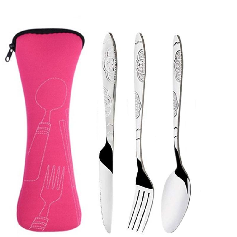 3pcs/set Stainless Steel Western Style Steak Knife Fork Spoon Cloth Bag Portable Western Tableware Creative Gift Set Three-piece