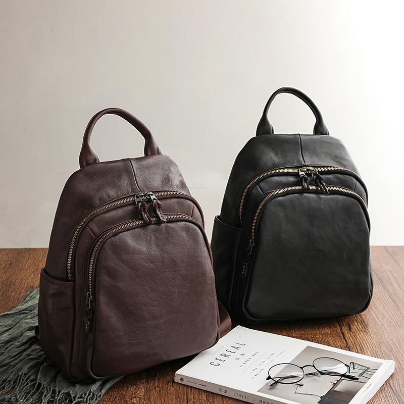 Johnature Large Capacity Genuine Leather Backpack Women Bag Retro Solid Color Natural Soft Cowhide Travel Backpacks