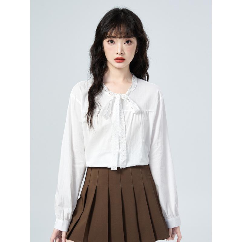 2026 Spring Lace Tie Loose Collar Long Sleeve Women's Shirt