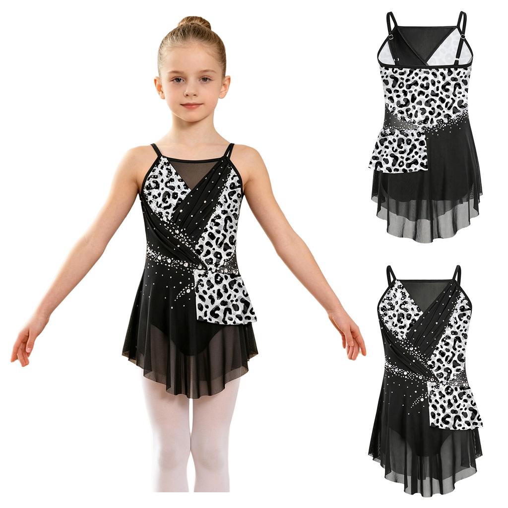 Kinder Mädchen Wettkampf-Body Ärmellos Verstellbare Träger Strass-Verzierung Patchwork Jumpsuit Eingearbeiteter Slip für Gymnastik Bühne