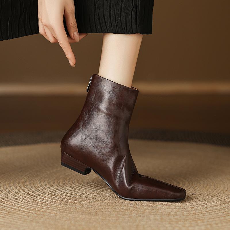 Mote 2025 Nye Høst Dame Støvletter Firkantet Tå Lav Hæl Støvletter for Damer Delt Skinn Dame Sko Retro Vinter Ankelstøvletter Damesko