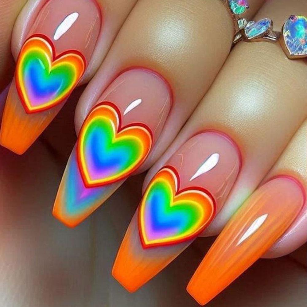 Almond Shape French Gradient Orange Nails with Rainbow Heart: Eye-Catching, Skin-Brightening, Hot Selling Manicure