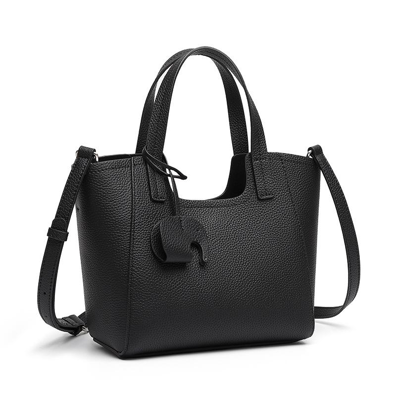 Genuine Leather Lychee Patterned Tote Bag Versatile Daily Commuting Composite Bag Ladies High-end Top Layer Cowhide Shoulder Bag чёрный