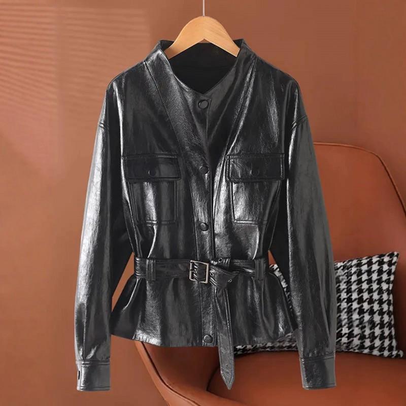 Giacca da Donna in Pelle di Agnello Collezione 2026 Vestibilità Slim Fit Collo a Lancia Stile Biker Cappotto Nero Rosso Caffè