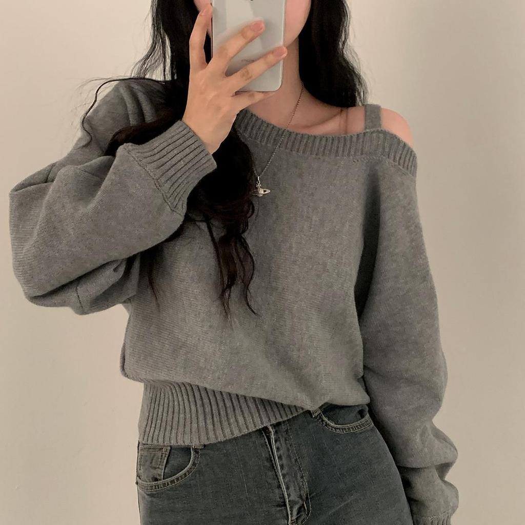 Korejský retro pletený svetr s dlouhým rukávem a odhalenými rameny pro ženy