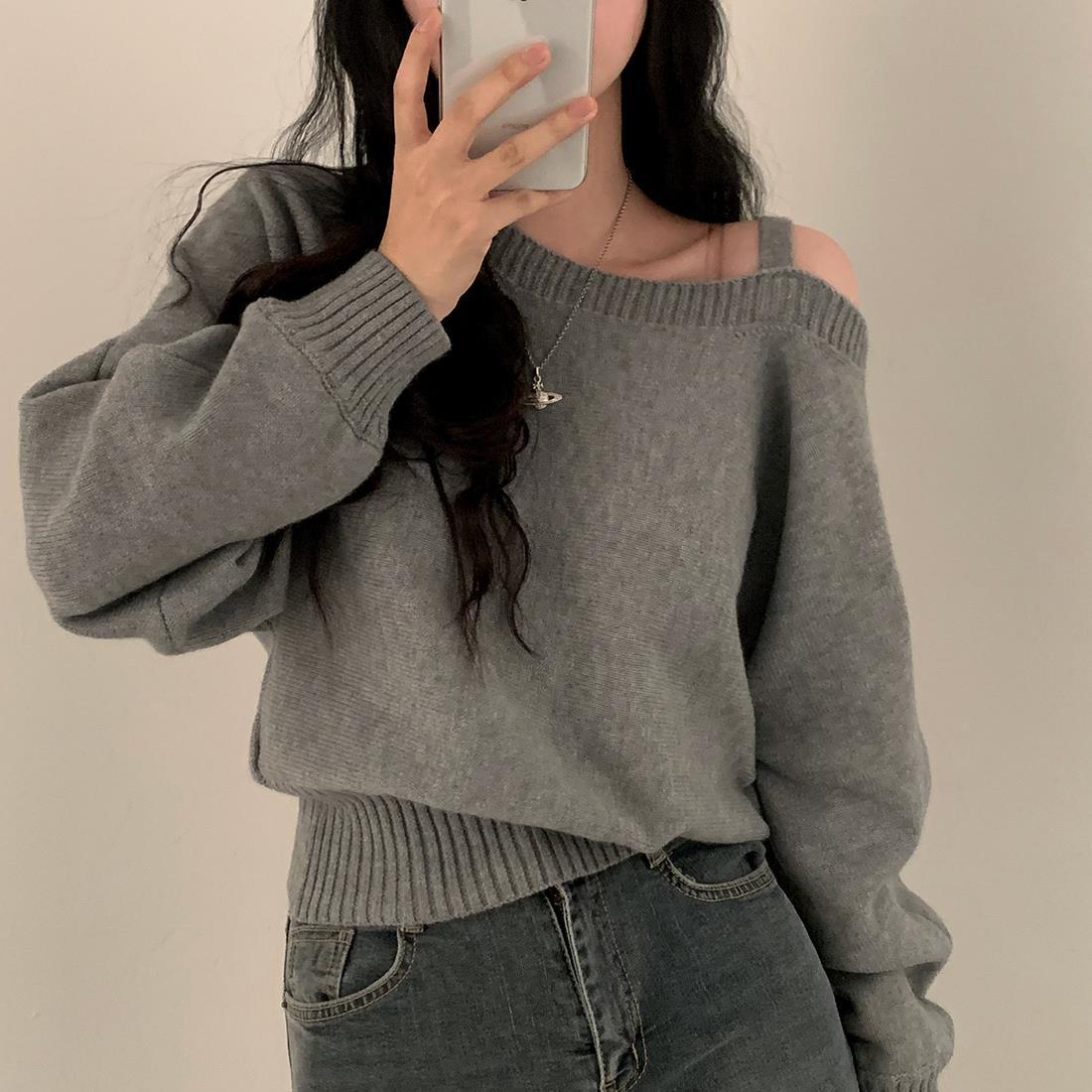 

Корейский ретро вязаный свитер с длинным рукавом и открытыми плечами для женщин One Size серый