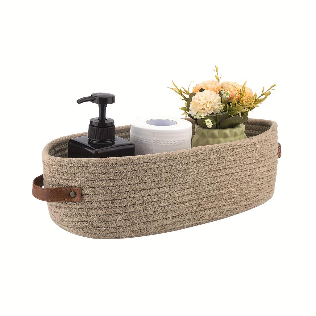 [Woven Storage Basket] Woven Storage Basket with Handle | Multifunctional Desktop Organizer, Oval Storage Bin, Rope-Woven Basket