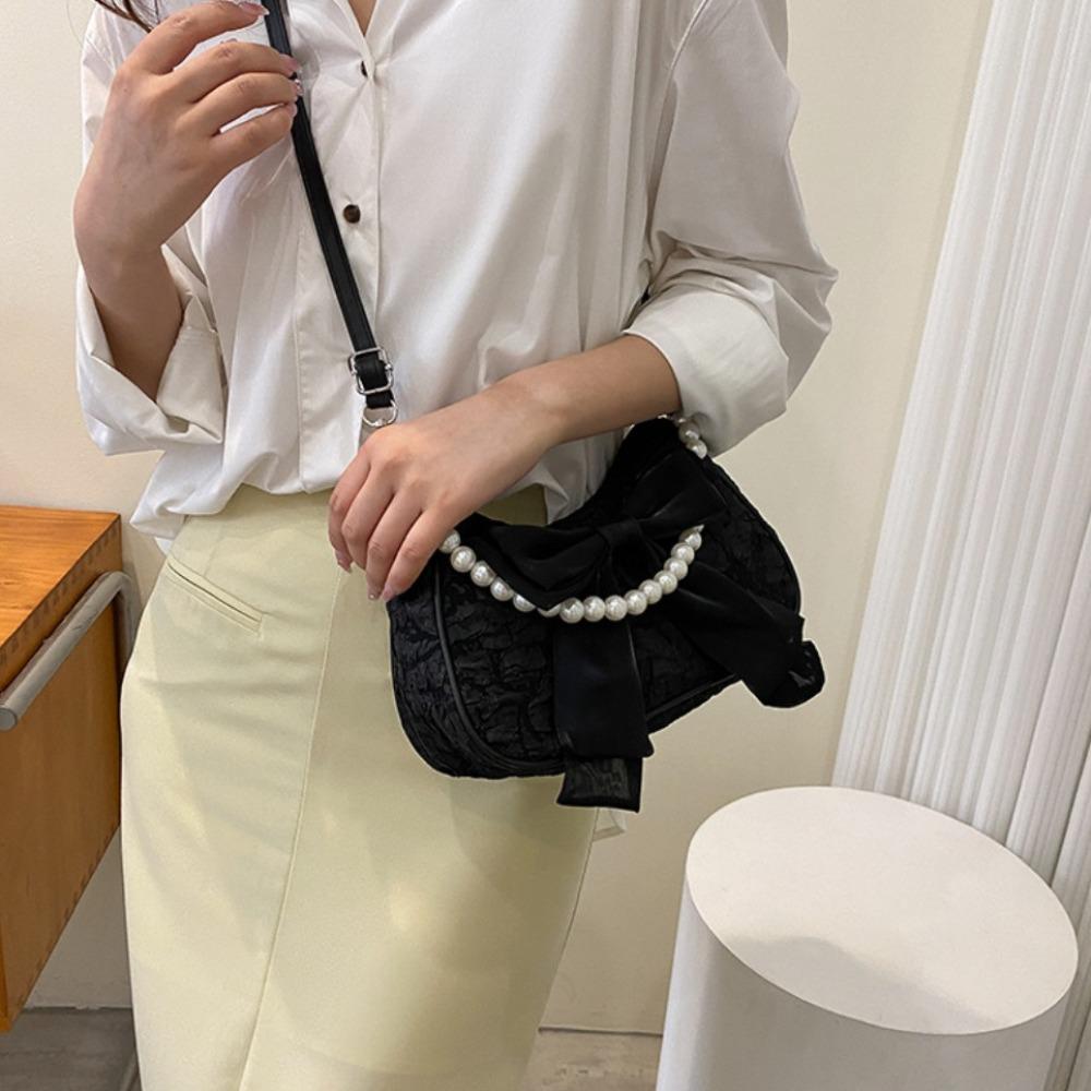 Pearl Bow Shoulder Bag Canvas Small Square Bag Luxury Bow Underarm Bag  Girls