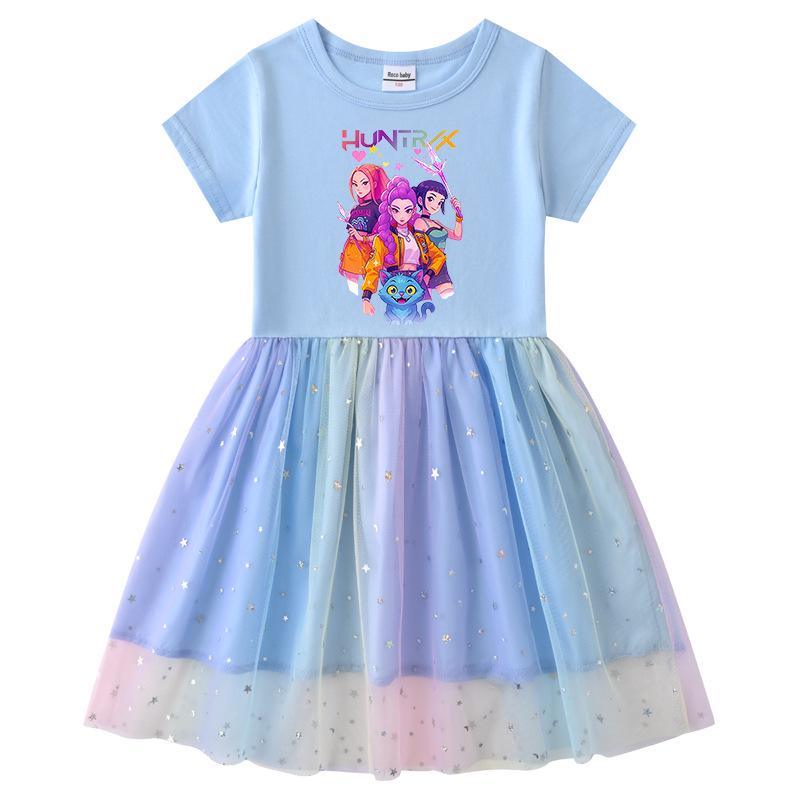 Children's Kpop Demon Slayer Rainbow Sequin Mesh Princess Dress - Short Sleeve for Summer, Long Sleeve for Spring/Autumn
