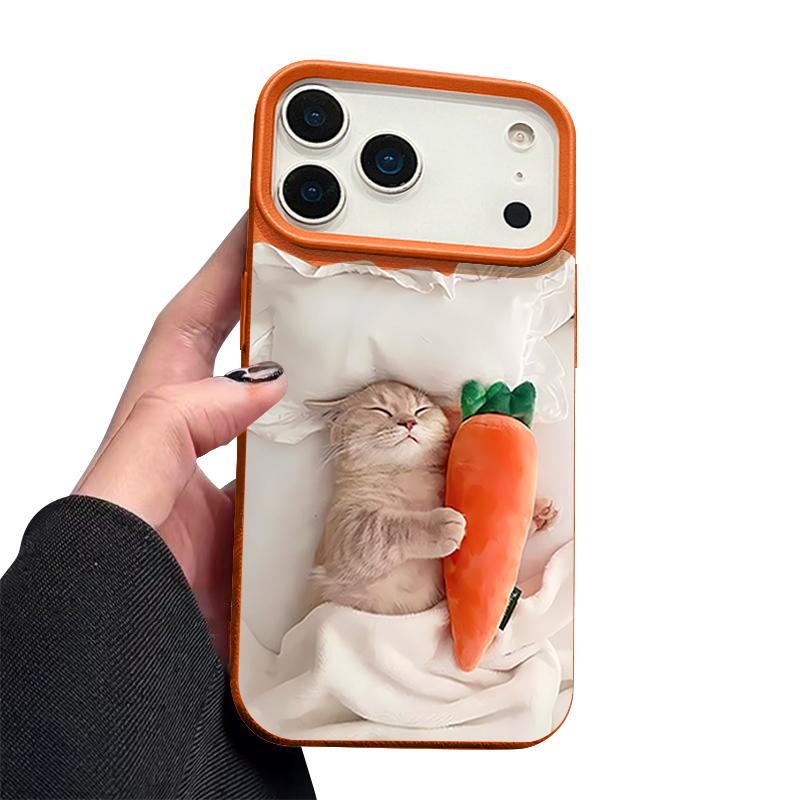 Sleeping Cat Carrot Pattern Case For iPhone 17 Pro Max Funda iPhone 16 Pro Max 15 14 13 12 11 Air 16E Leather Texture Silicone Cover