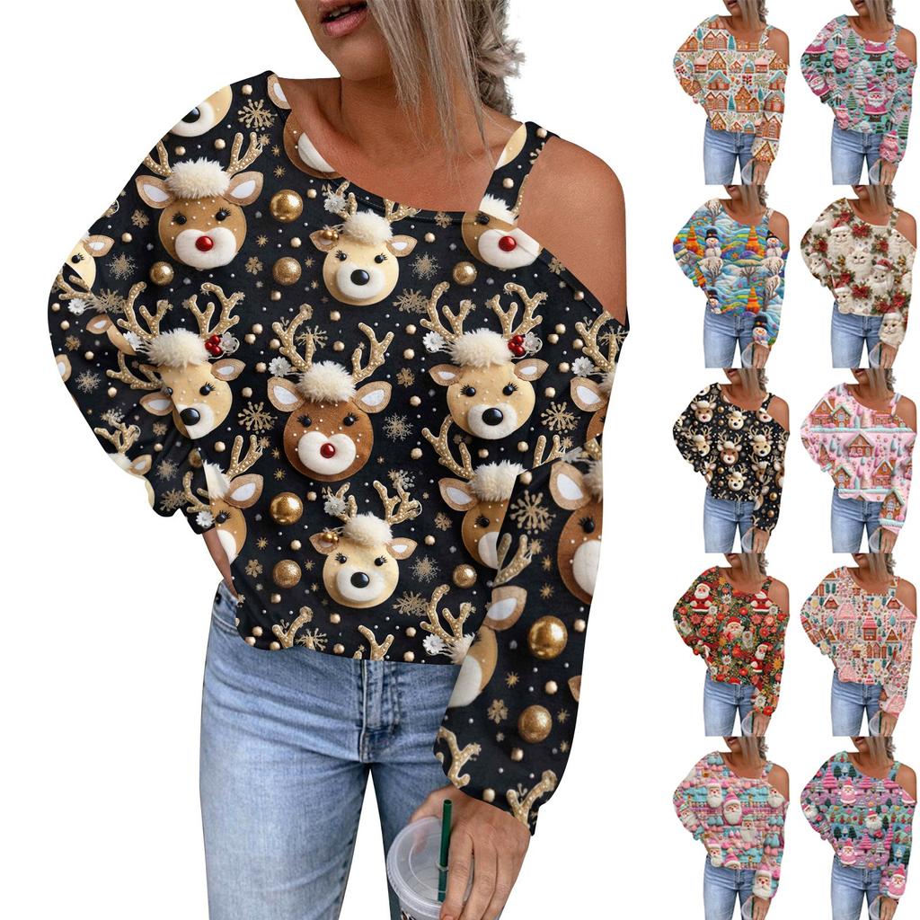 Women's Hollowed Out Fashionable Casual Floral Print Off Shoulder Hoodie Top Christmas