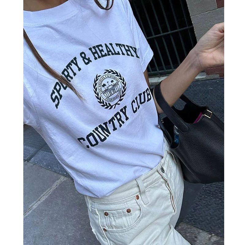 American Street Retro Sports Style Niche Style Letters Print Pure Cotton Casual Sense Round Neck Short Sleeve T-shirt for Women