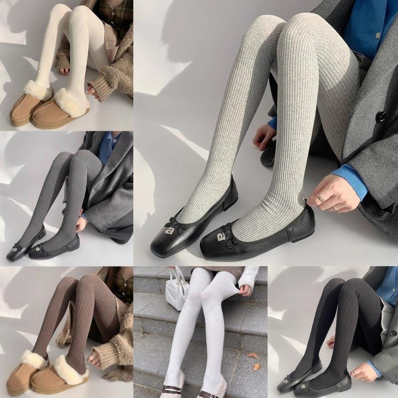 Women Vintage Slim Stockings Solid Color Thicken Ribbed Striped Pantyhose Tights