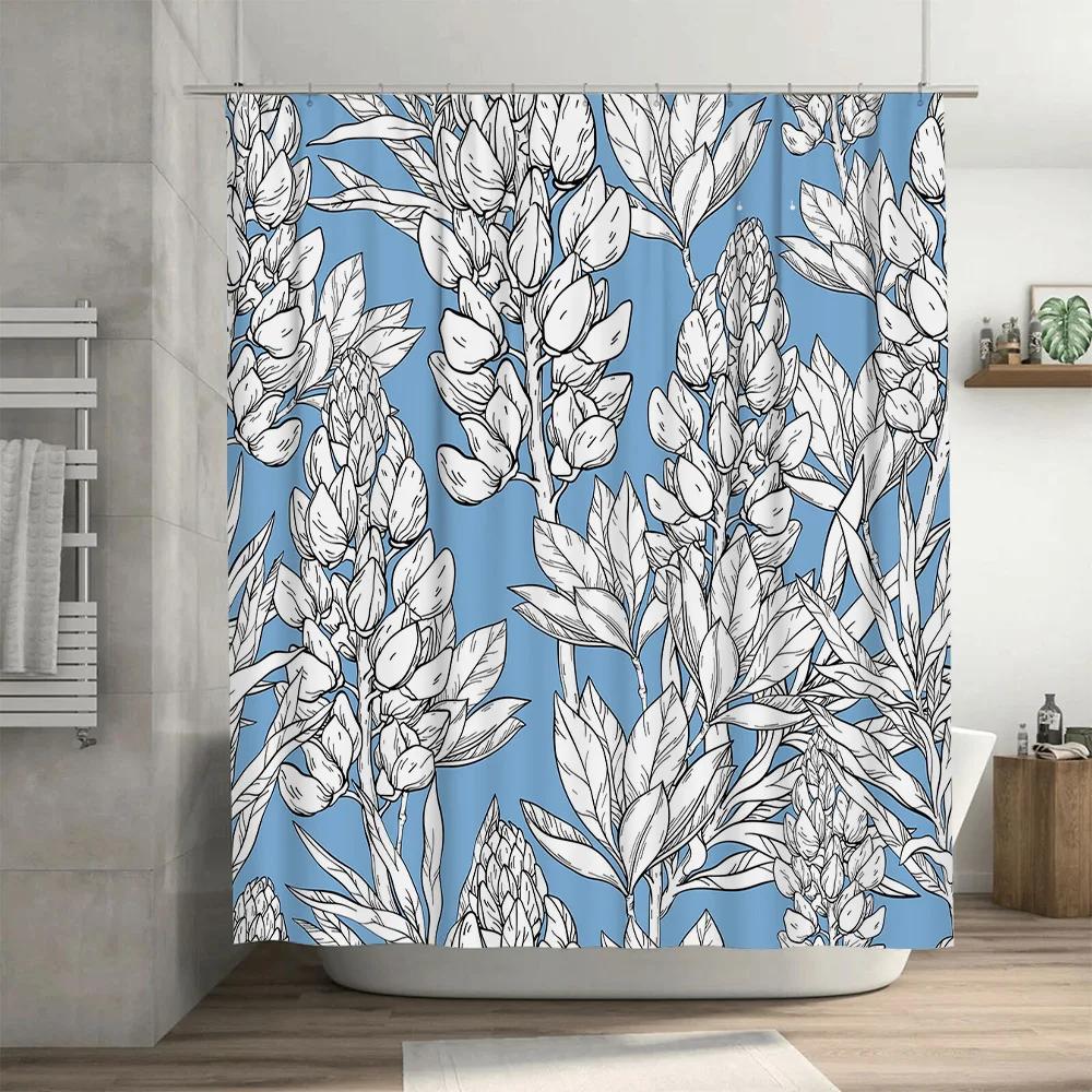 Blue Floral Shower Curtain Bathroom Decor Vintage Style Print Bath Linen with Hooks Waterproof Fabric for Home Decoration in Kit