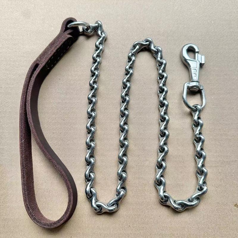 Sturdy Ribbed Chain Cowhide Handle Stainless Steel Anti-Bite Leash for Medium to Large Dogs
